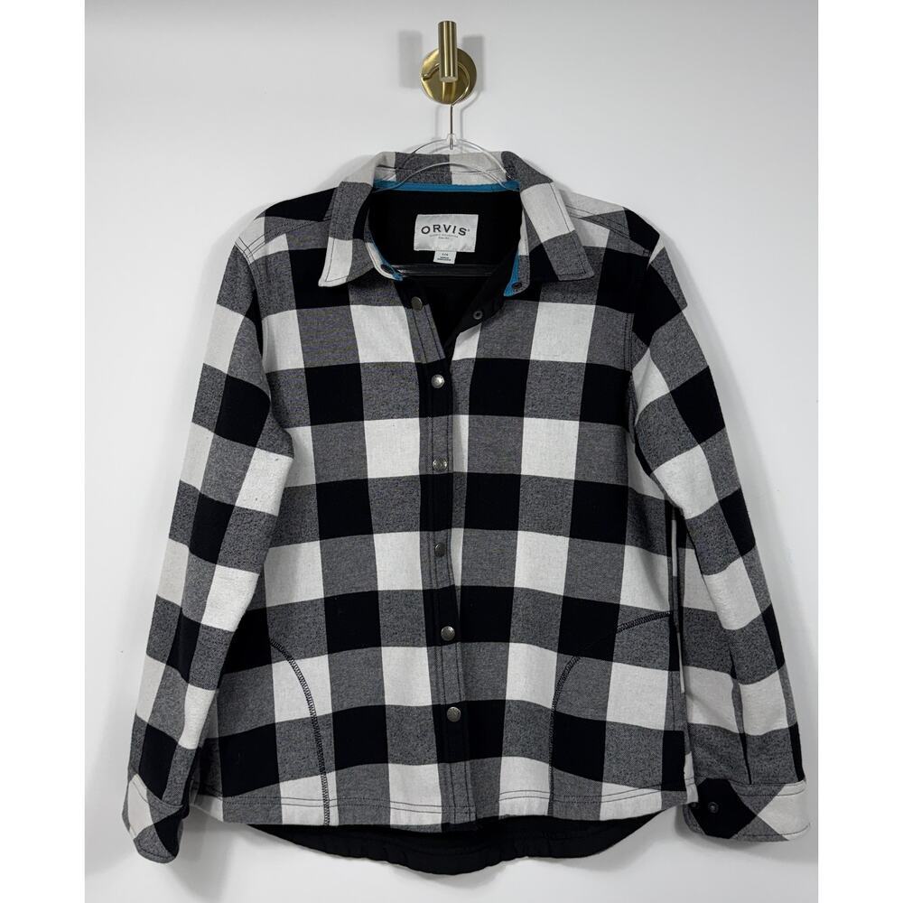 Orvis women's Sz L cotton fleece-lined flannel jacket B&W buffalo plaid pattern - Picture 2 of 13
